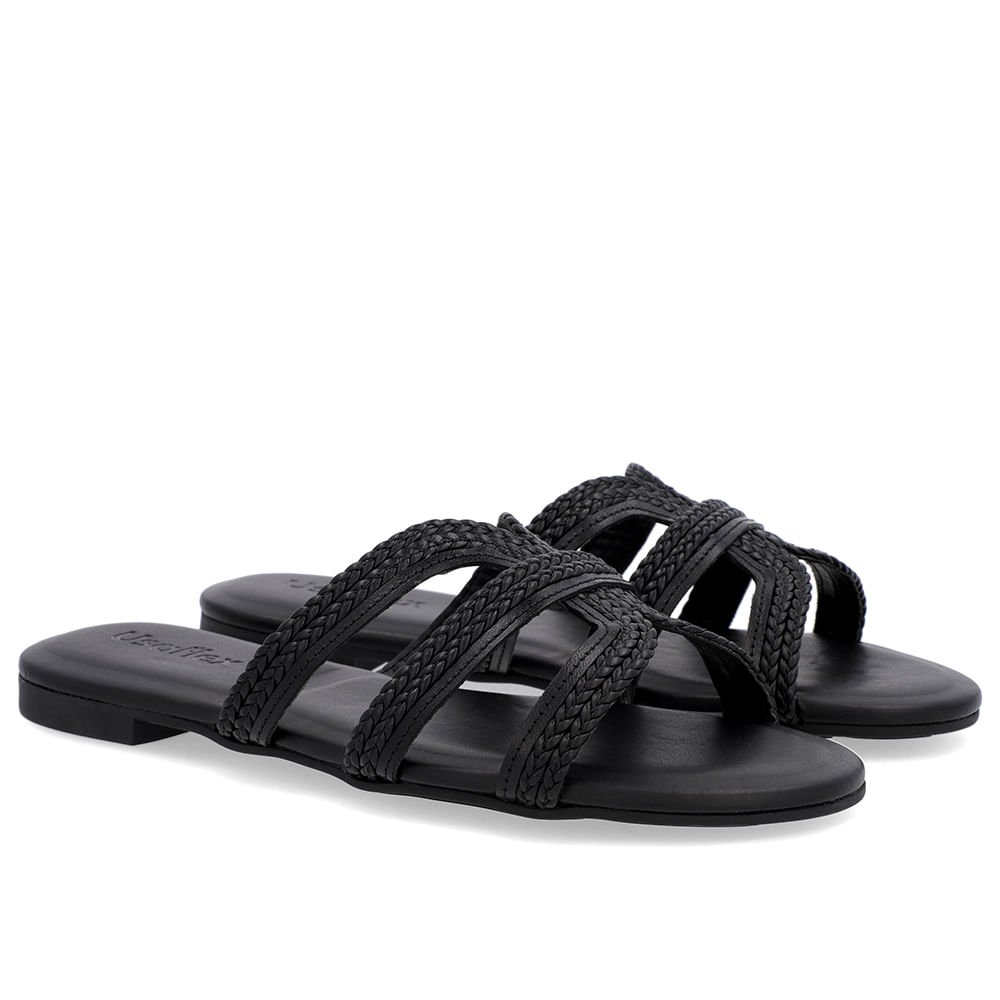 Rasteira Bico Redondo Couro Preta Textura Preto 2