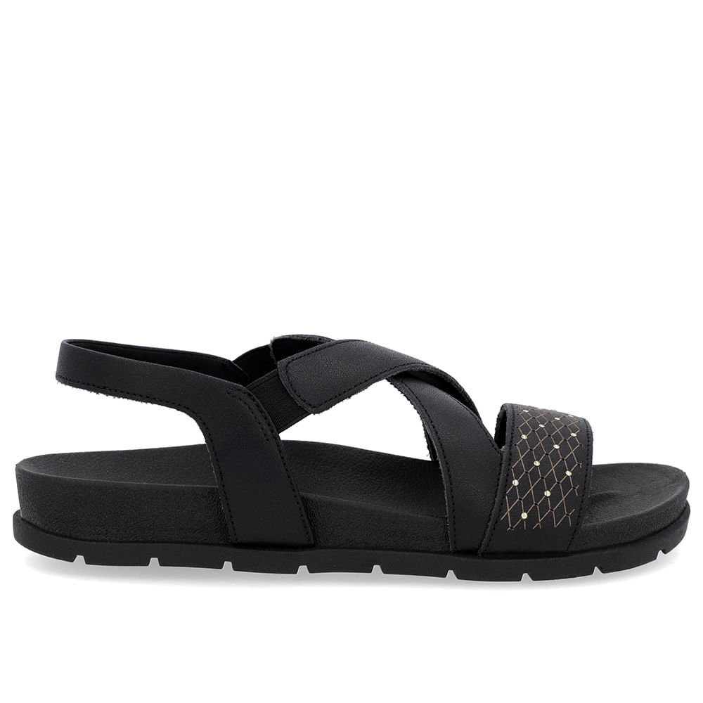 Sandália Tiras Couro Preta Ajuste Elástico