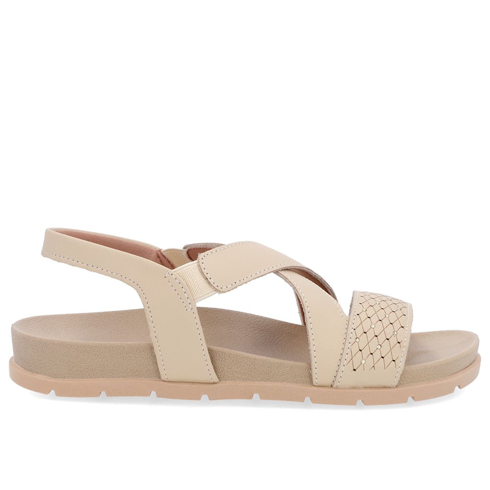 Sandália Tiras Couro Bege Ajuste Elástico