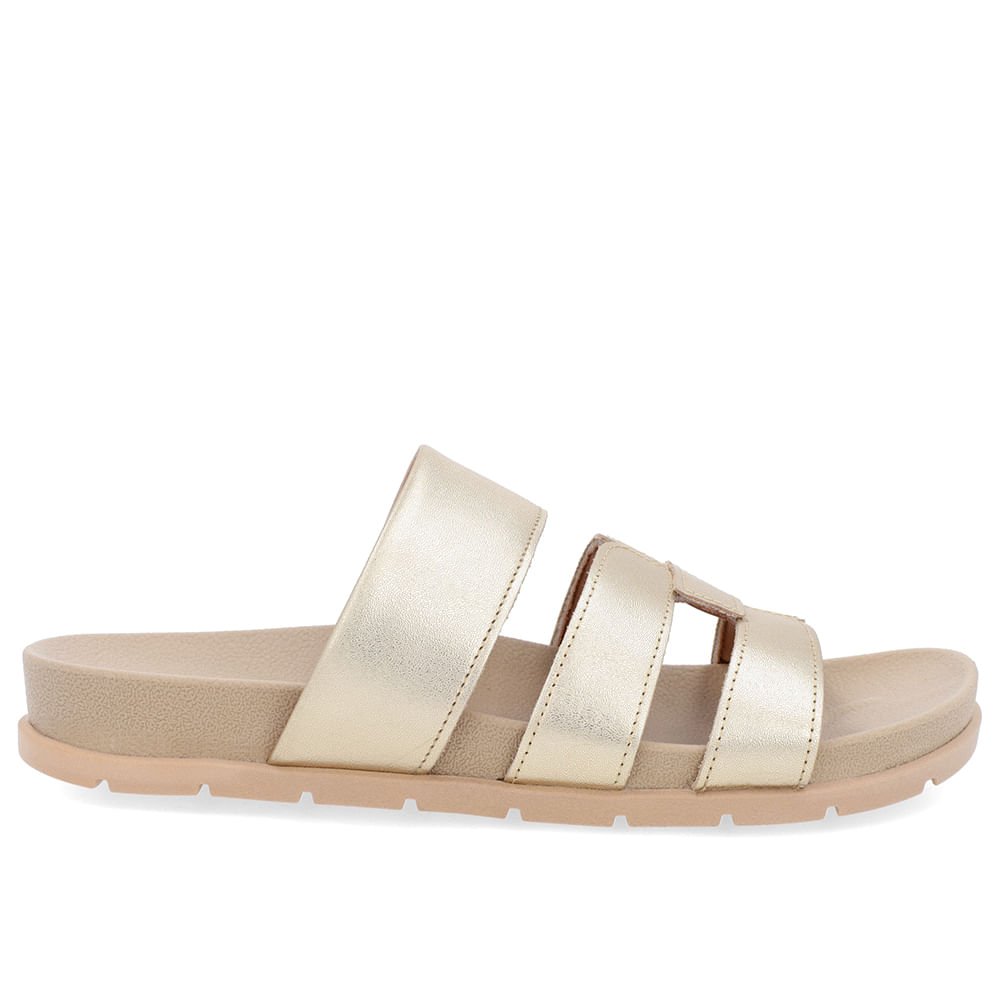 Slide Baixo Couro Dourado Tiras