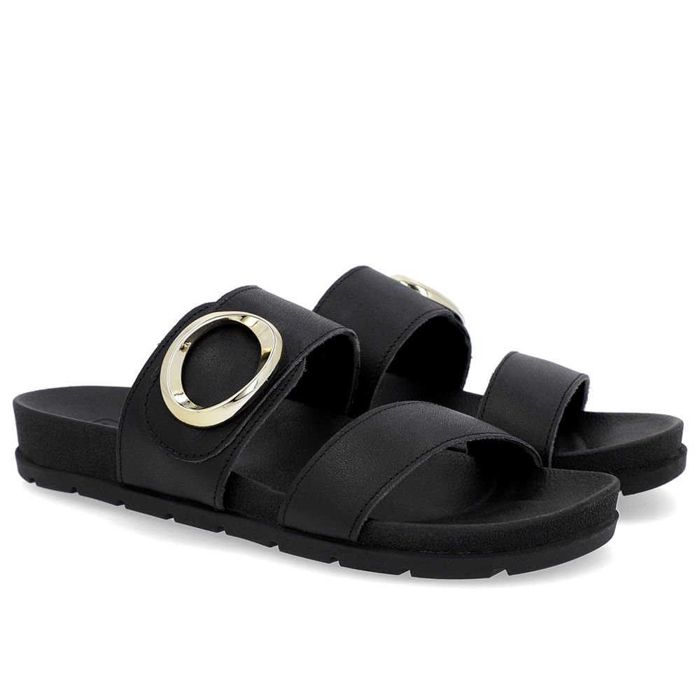 Slide Baixo Couro Preto Maxi Enfeite Preto 2