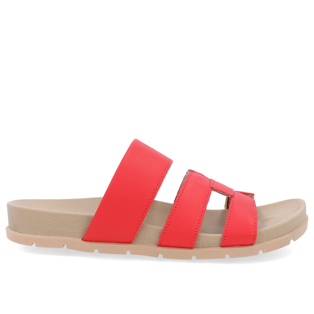 Slide Baixo Couro Vermelho Tiras