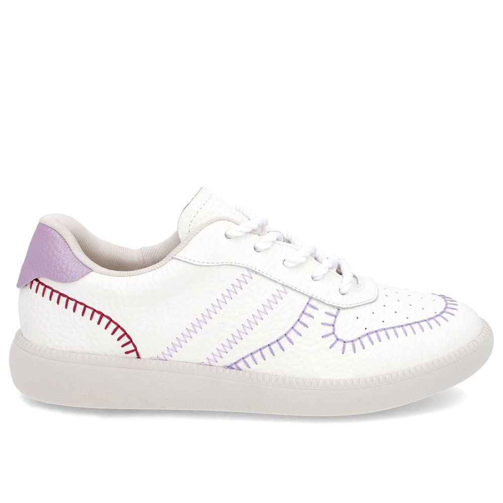 Tênis Branco Couro Estilo Costura Enfeite