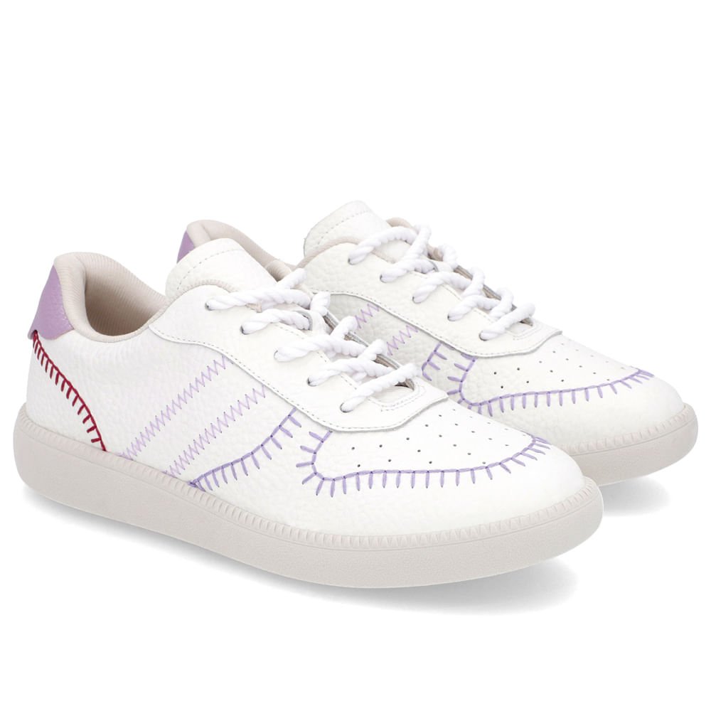 Tênis Branco Couro Estilo Costura Enfeite Branco 2