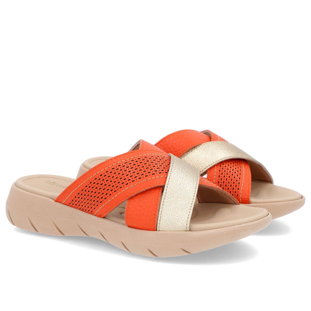 Slide Laranja Plataforma Couro Tiras Detalhe Dourado Dourado 2