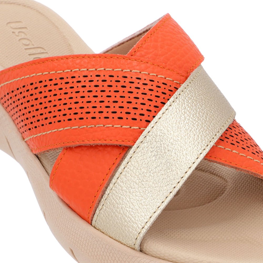 Slide Laranja Plataforma Couro Tiras Detalhe Dourado Dourado 4