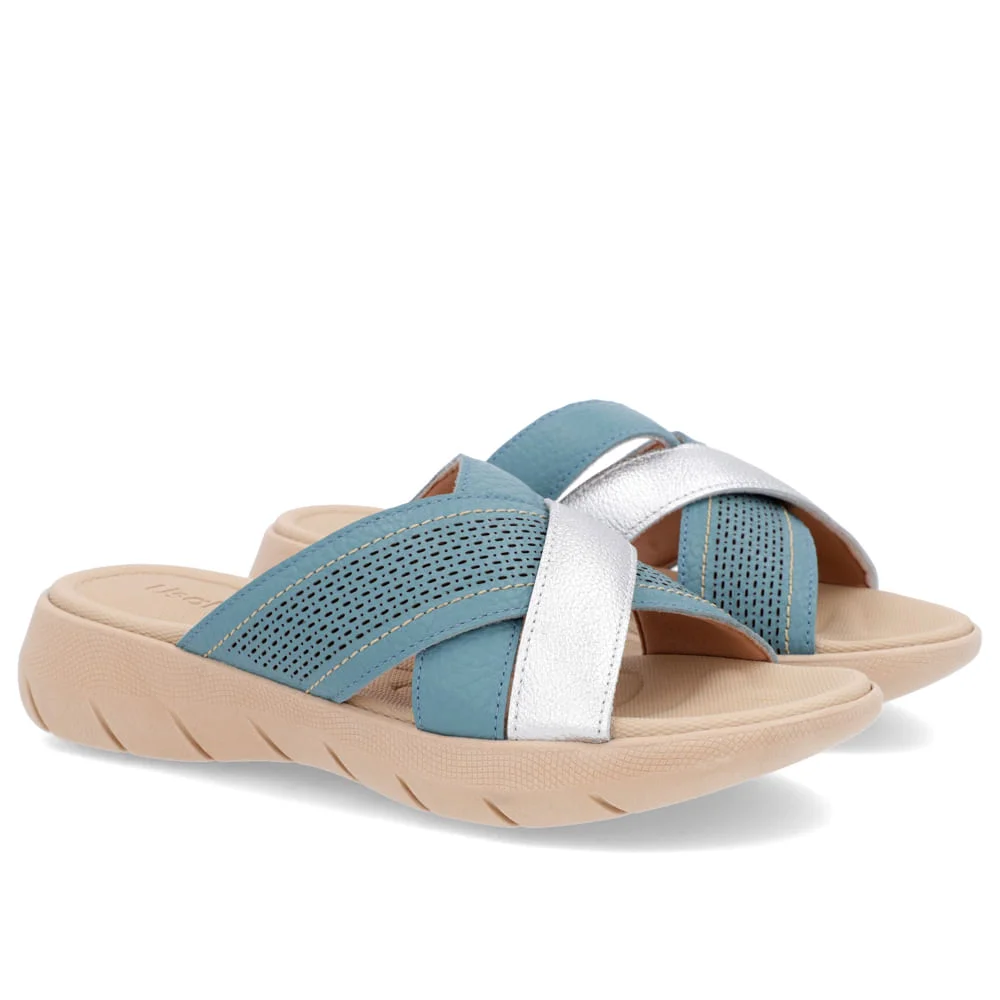 Slide Azul Plataforma Couro Tiras Detalhe Dourado Dourado 2