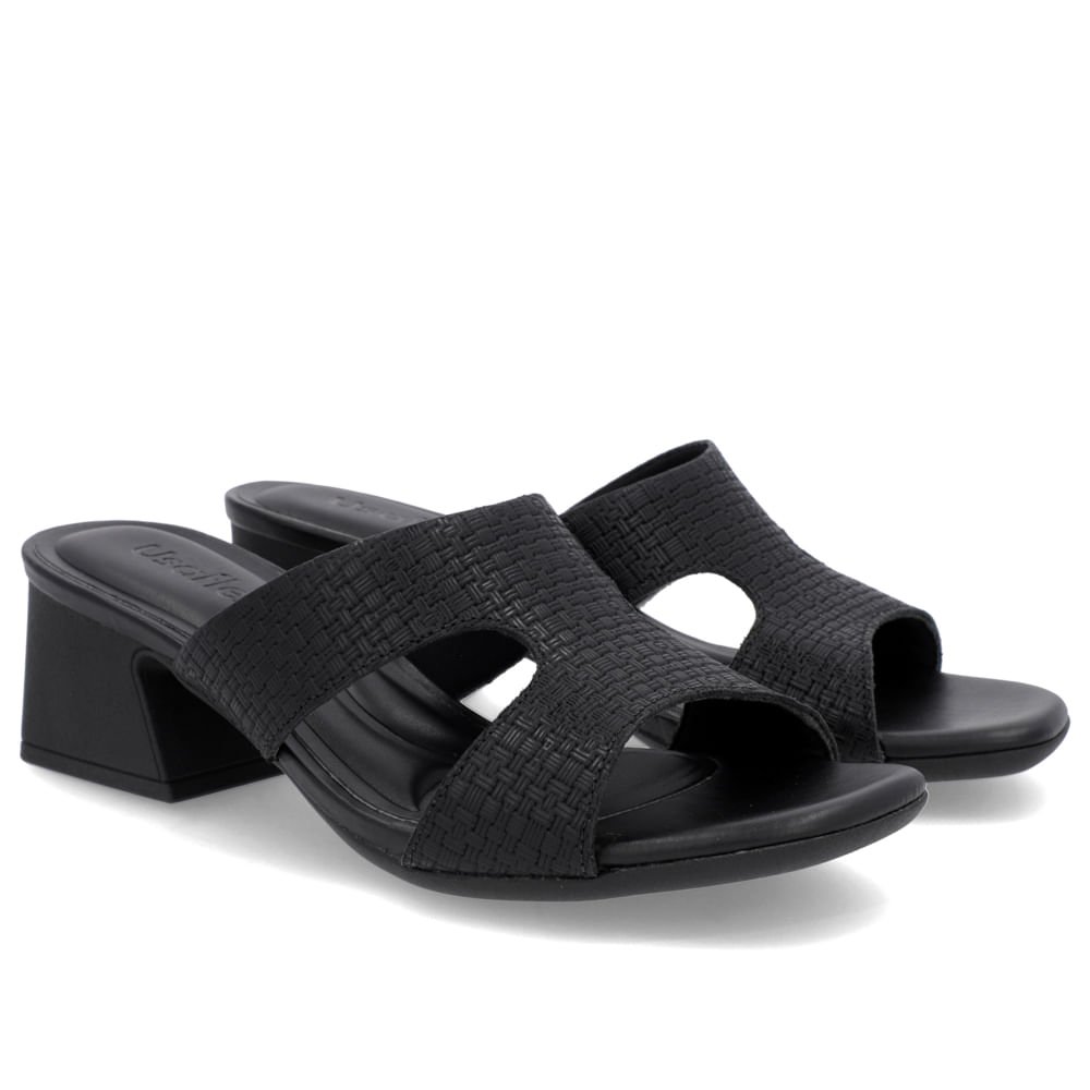 Tamanco Salto Geométrico Couro Preto Trama Preto 2