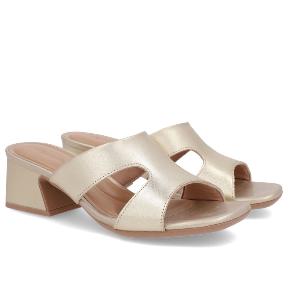 Tamanco Salto Geométrico Couro Dourado Liso Dourado 2