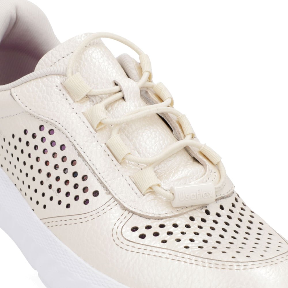 Tênis Branco Couro Cadarço Elástico Perfuração Branco 4