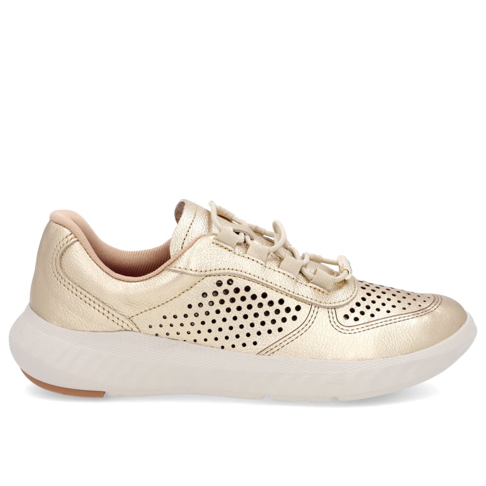 Tênis Dourado Couro Cadarço Elástico Perfuração