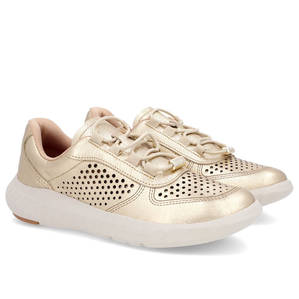 Tênis Dourado Couro Cadarço Elástico Perfuração Dourado 2