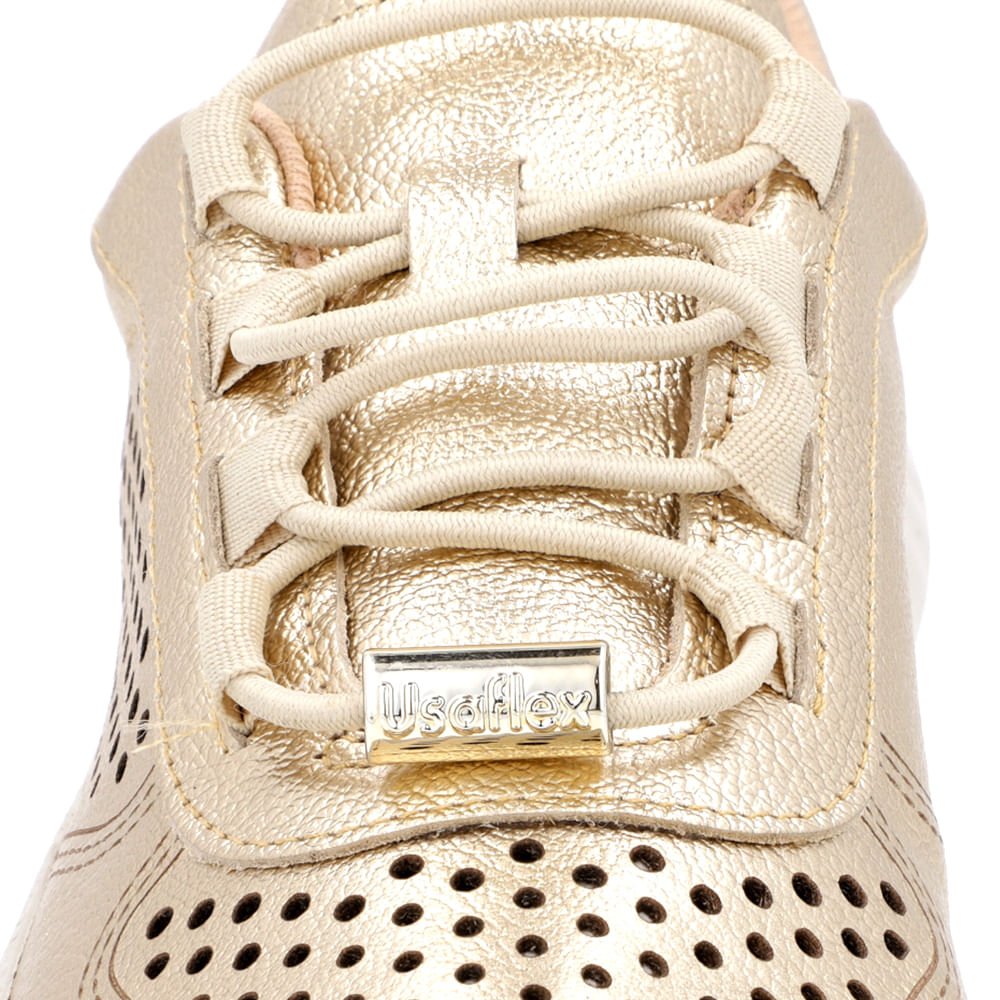 Tênis Dourado Couro Cadarço Elástico Perfuração Dourado 4