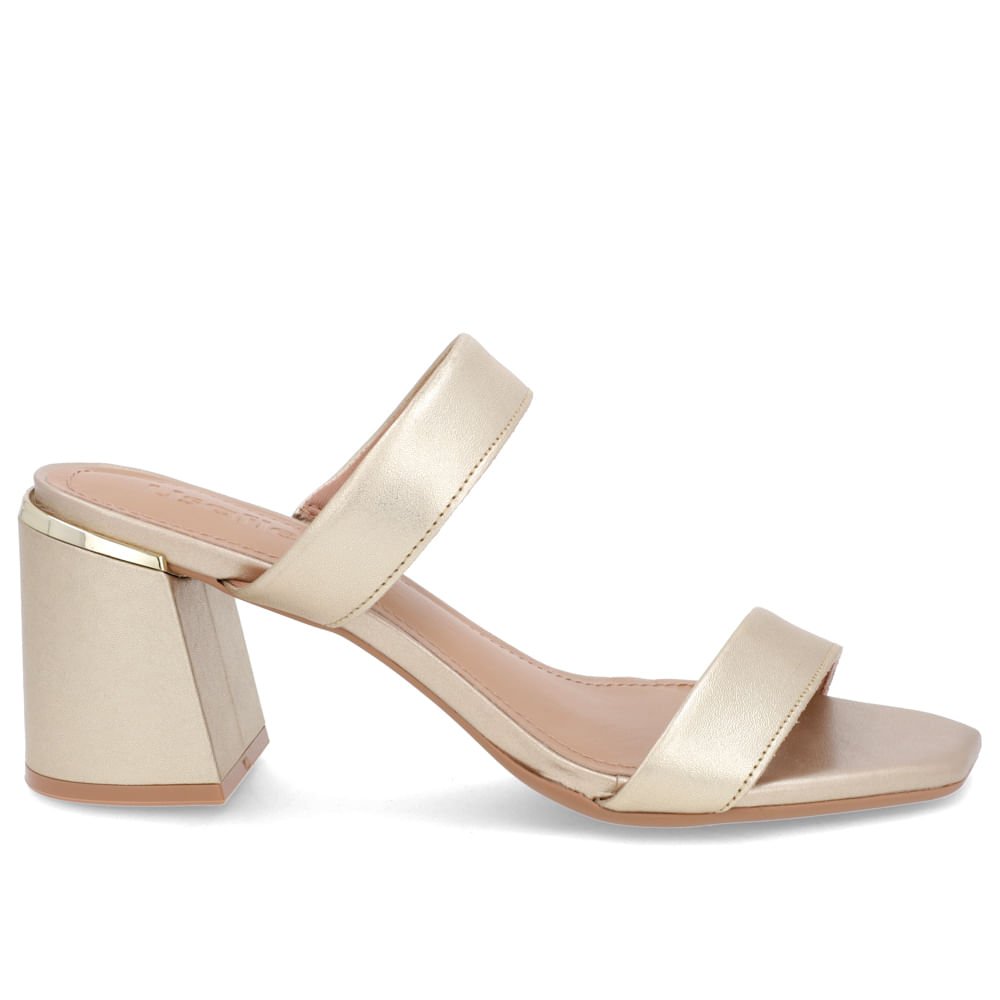 Tamanco Detalhe Salto Bloco Couro Dourado