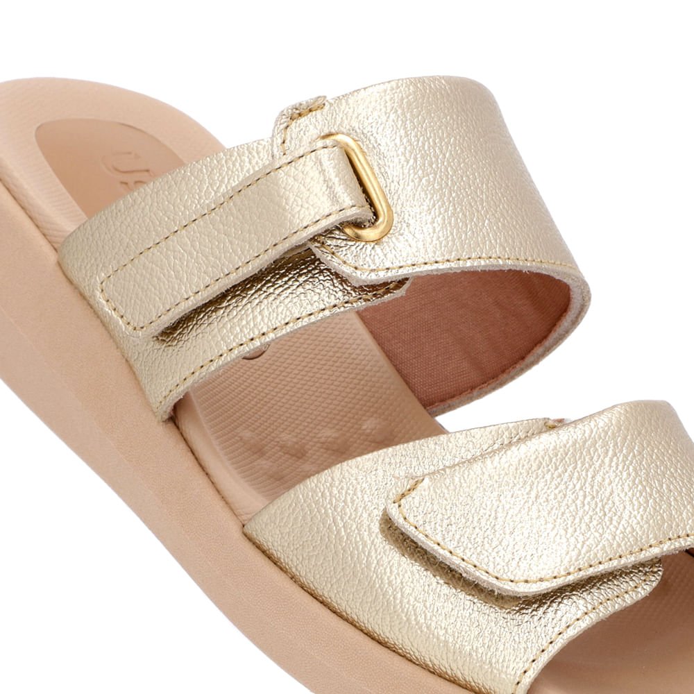 Tamanco Salto Baixo Couro Dourado Fecho-Flex Dourado 4