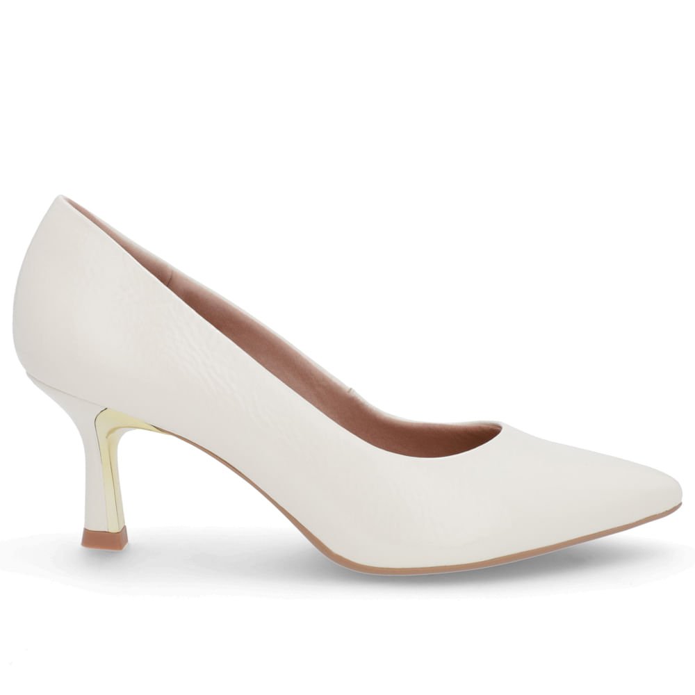 Scarpin Bico Fino Verniz Branco Detalhe Salto