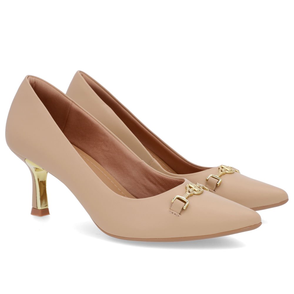 Scarpin Bege Salto Fino Couro Detalhe Bridão Bege 2