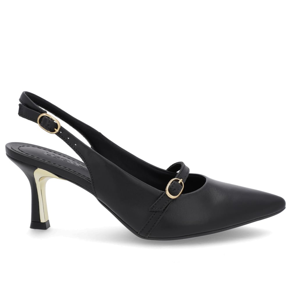 Slingback Preto Salto Fino Couro Tira Enfeite Preto 1