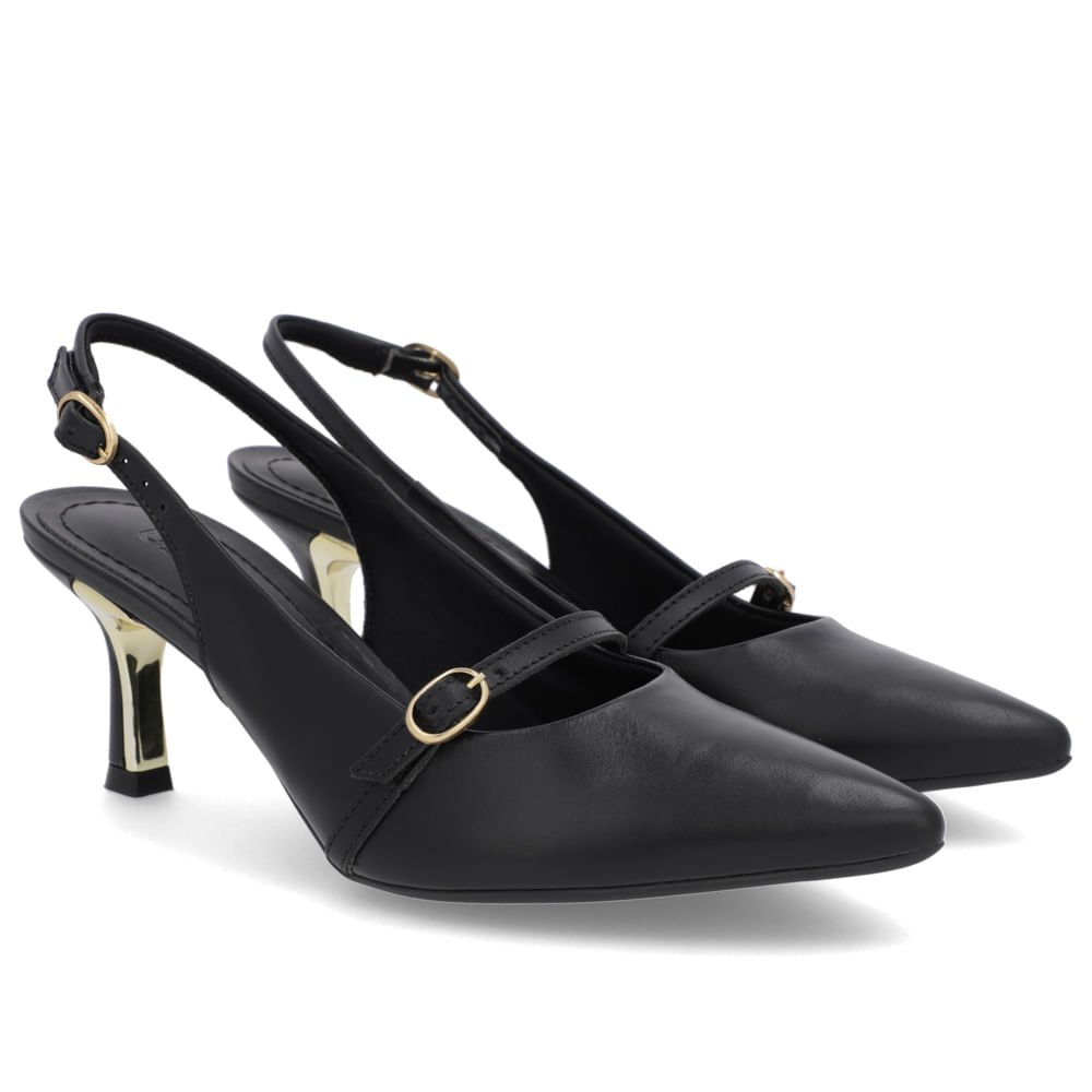 Slingback Preto Salto Fino Couro Tira Enfeite Preto 2