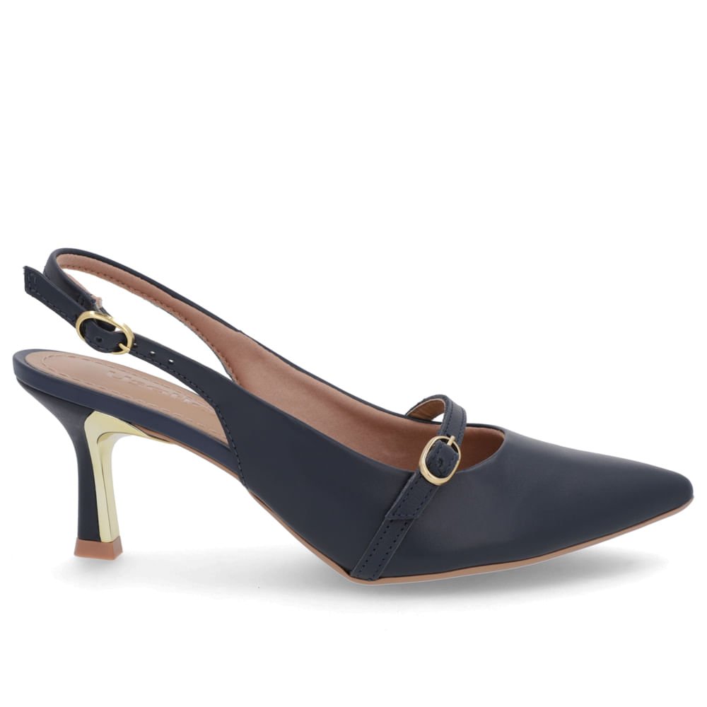Slingback Azul Salto Fino Couro Tira Enfeite