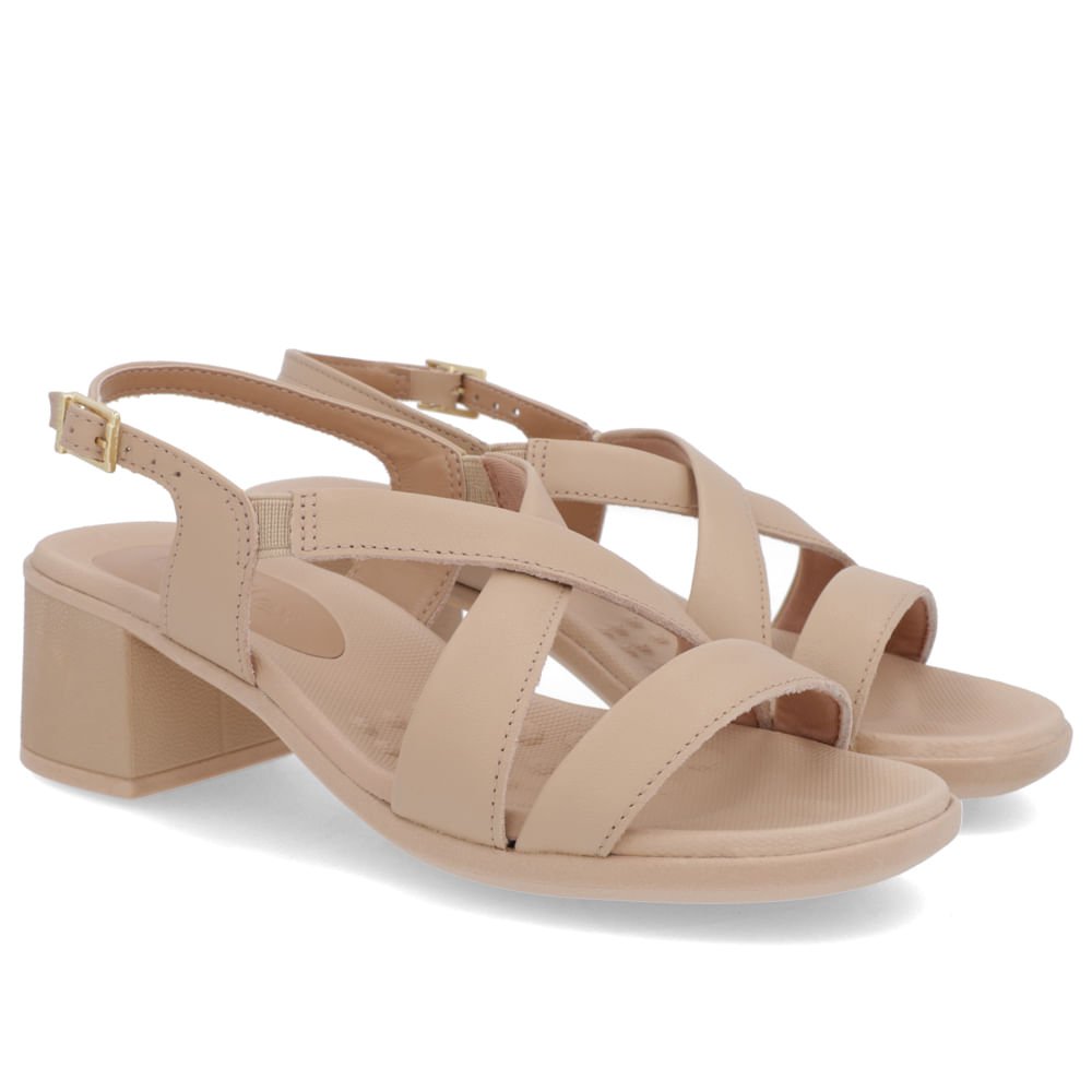 Sandália Salto Médio Couro Bege Ajuste Fivela Bege 2