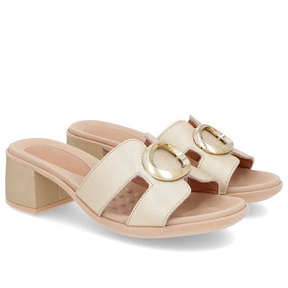 Tamanco Salto Médio Couro Dourado Enfeite Dourado 2