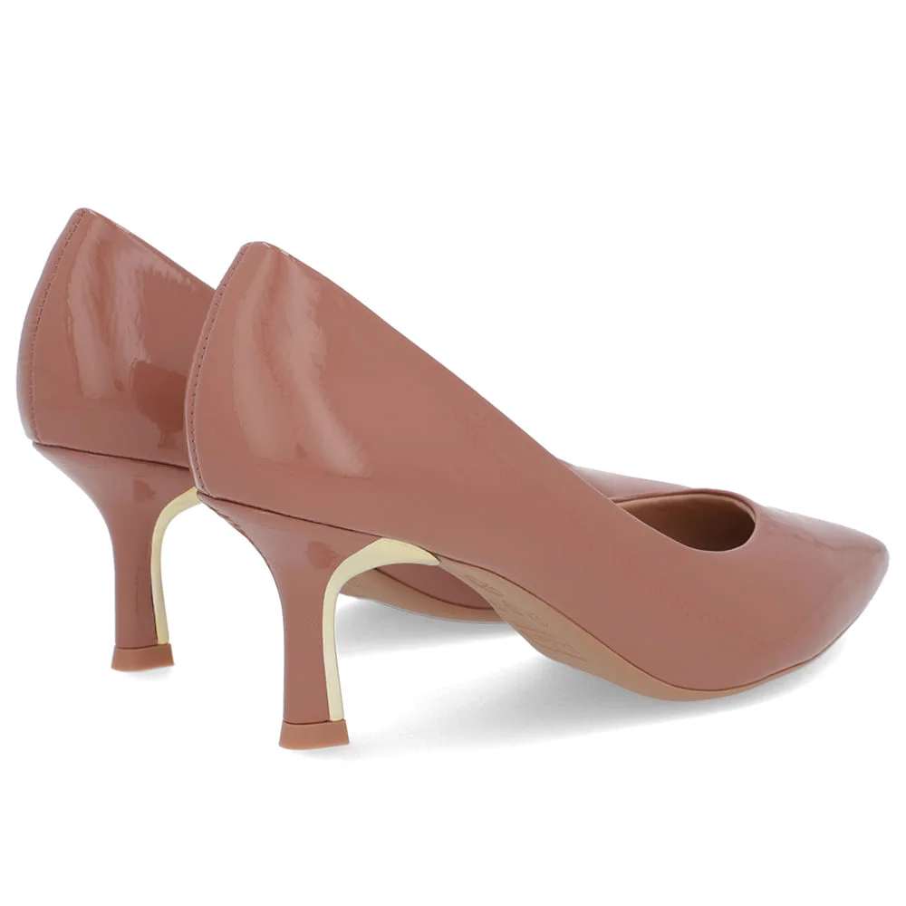 Scarpin Bico Fino Verniz Rosa Detalhe Salto Marrom 3