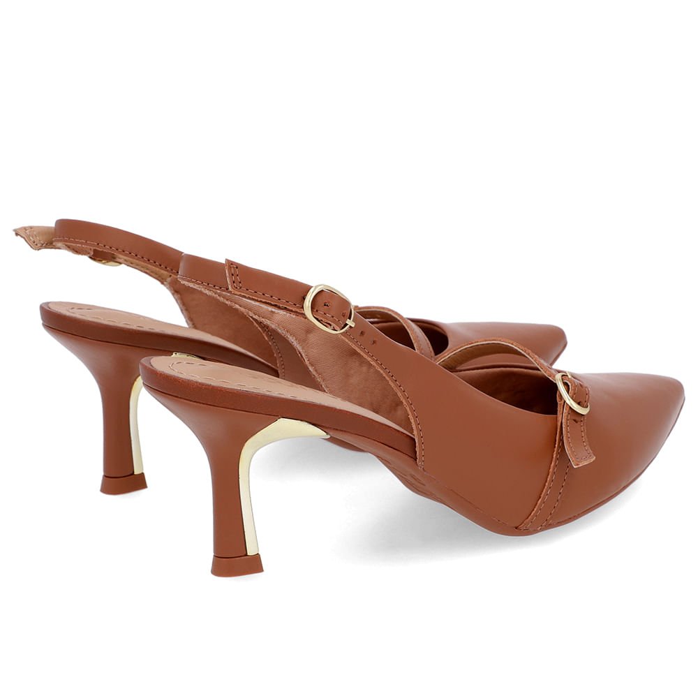 Slingback Marrom Salto Fino Couro Tira Enfeite Marrom 3