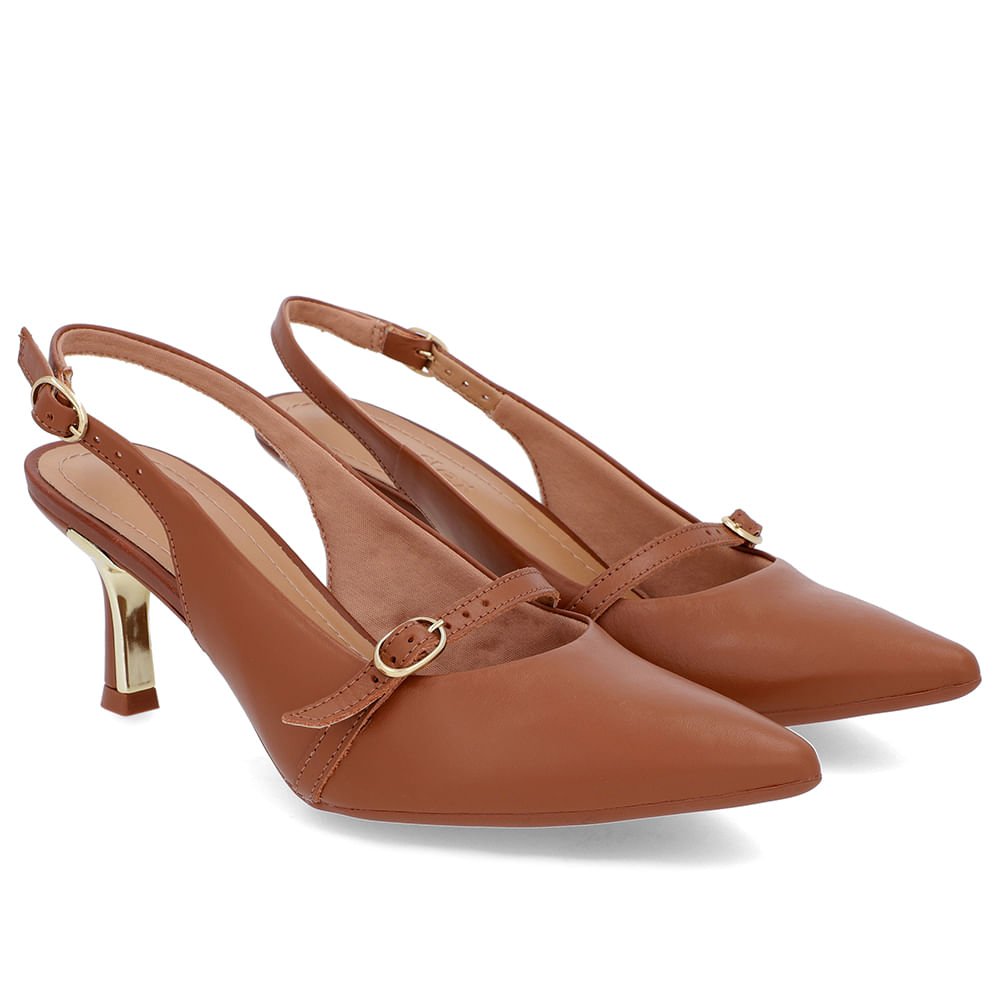 Slingback Marrom Salto Fino Couro Tira Enfeite Marrom 2