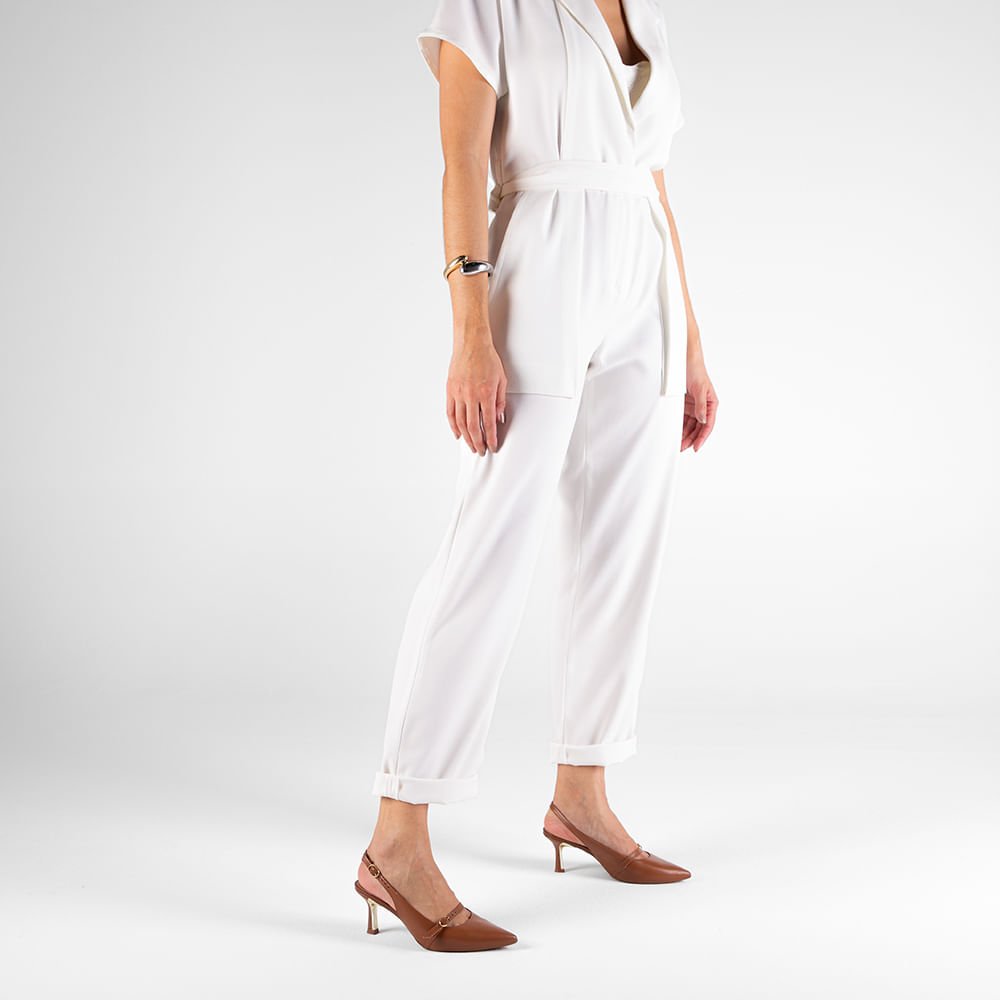 Slingback Marrom Salto Fino Couro Tira Enfeite Marrom 4