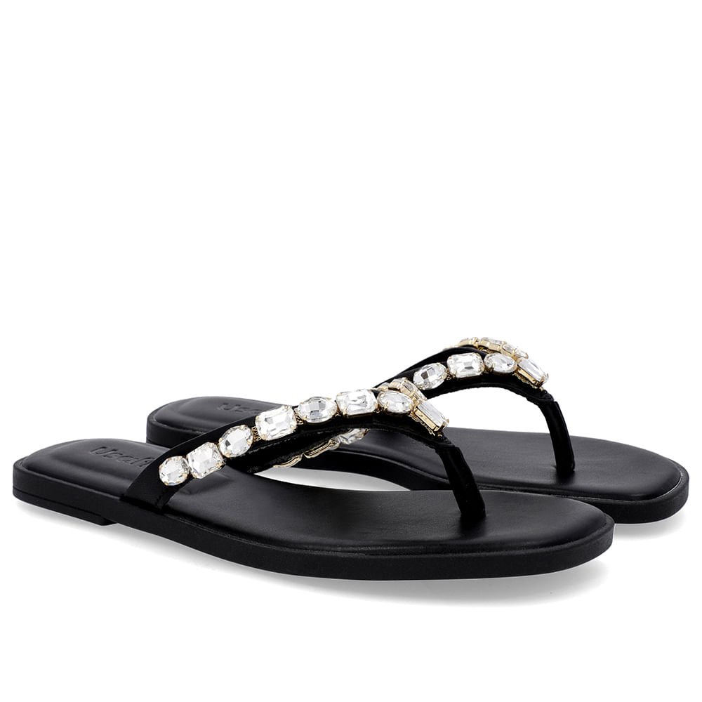 Chinelo Salto Rasteiro Couro Preto Enfeite Preto 2