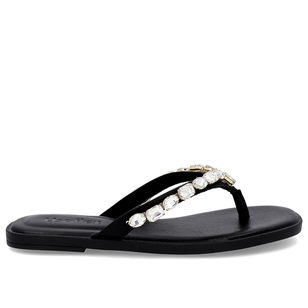 Chinelo Salto Rasteiro Couro Preto Enfeite Preto 1