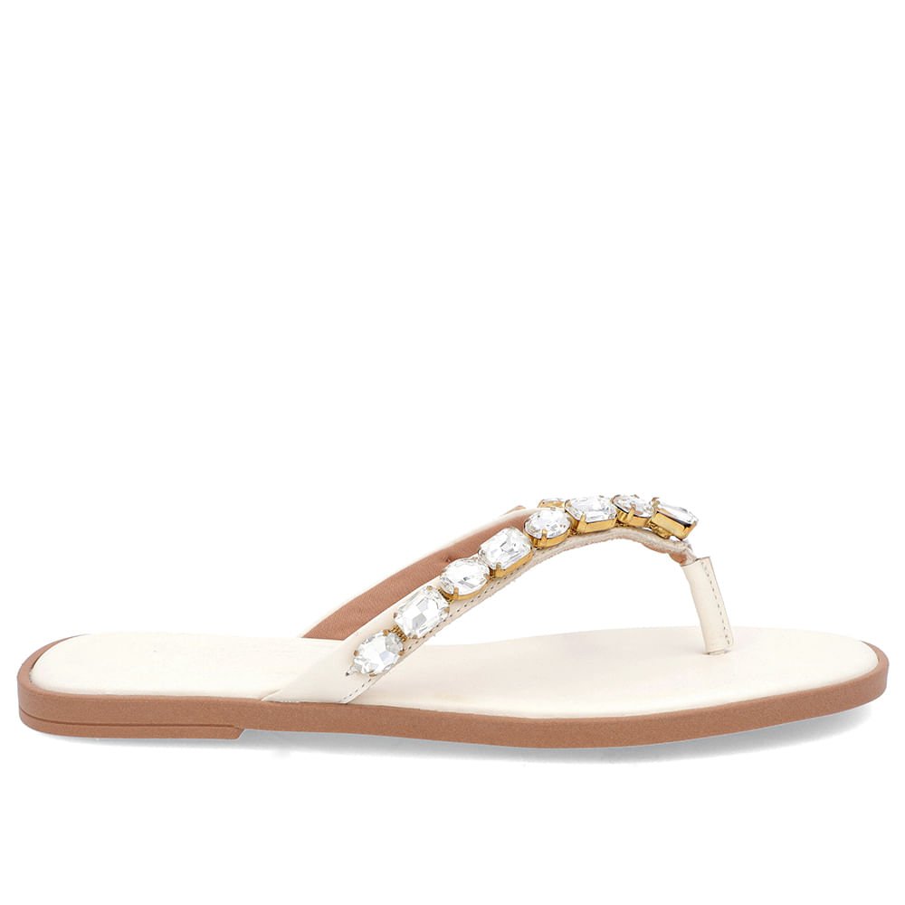Chinelo Salto Rasteiro Couro Branco Enfeite