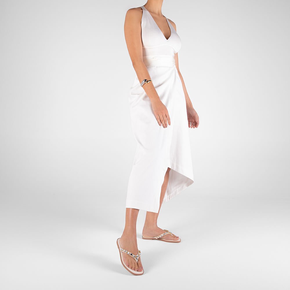 Chinelo Salto Rasteiro Couro Branco Enfeite Branco 4