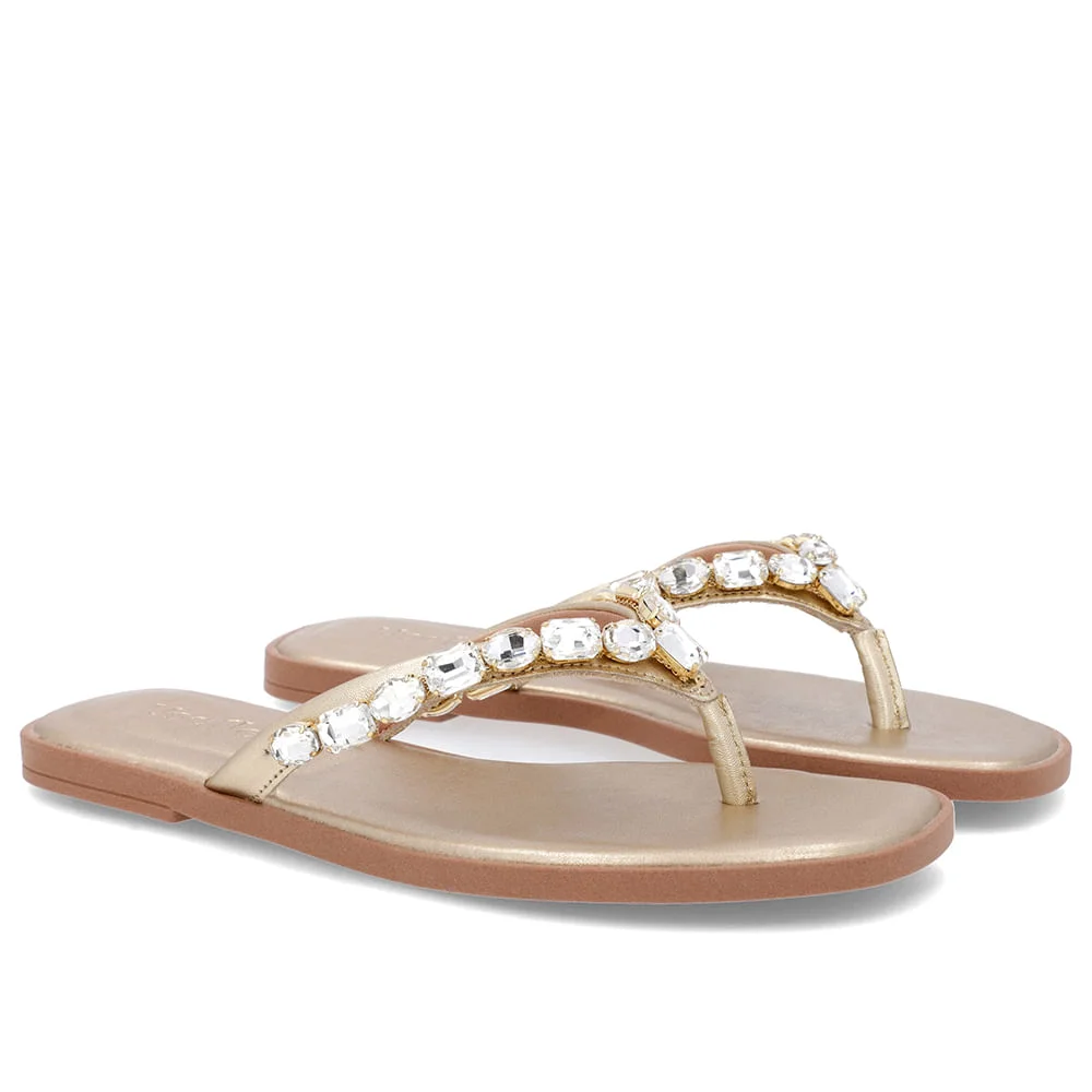 Chinelo Salto Rasteiro Couro Dourado Enfeite Dourado 2
