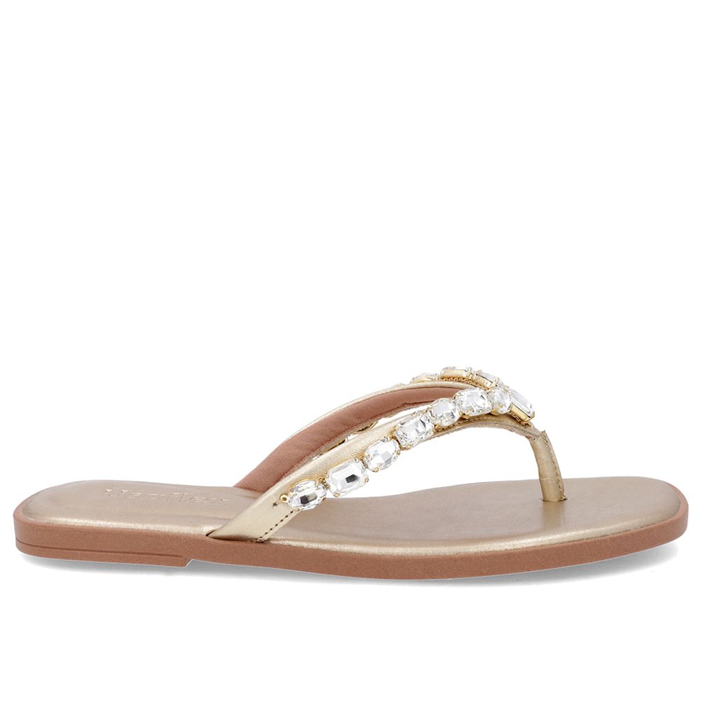 Chinelo Salto Rasteiro Couro Dourado Enfeite