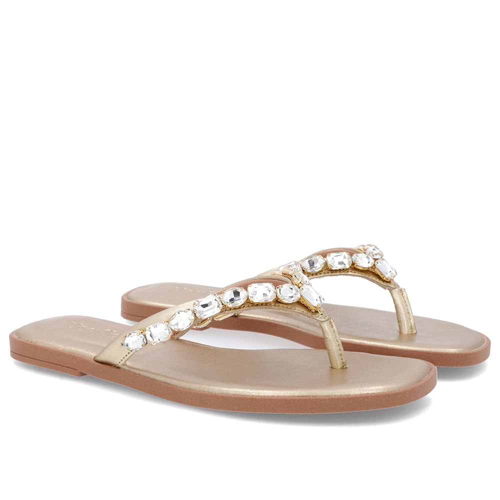 Chinelo Salto Rasteiro Couro Dourado Enfeite Dourado 2