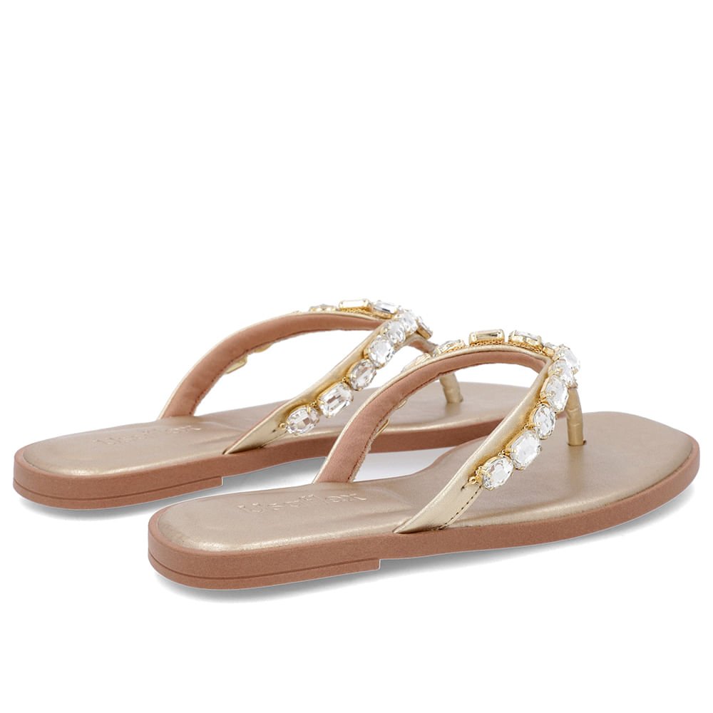 Chinelo Salto Rasteiro Couro Dourado Enfeite Dourado 3