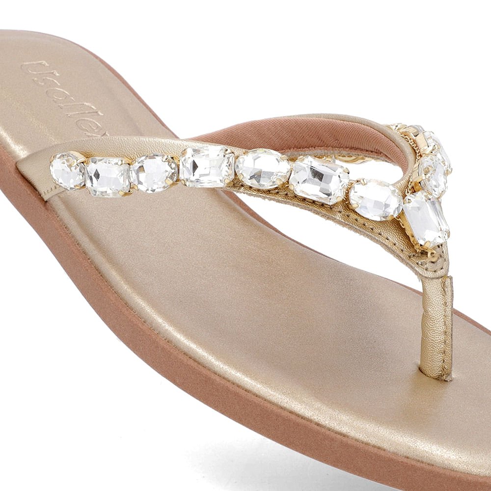 Chinelo Salto Rasteiro Couro Dourado Enfeite Dourado 4