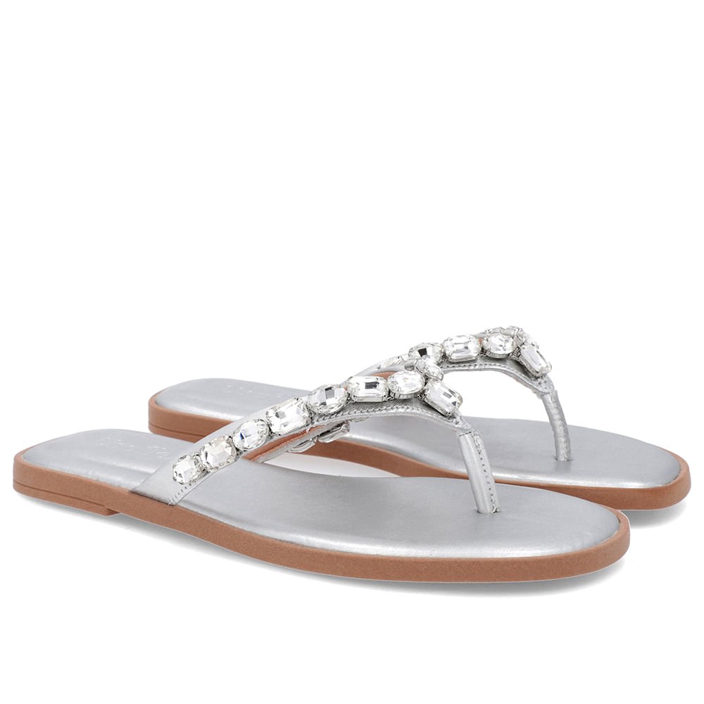Chinelo Salto Rasteiro Couro Prata Enfeite Prata 2