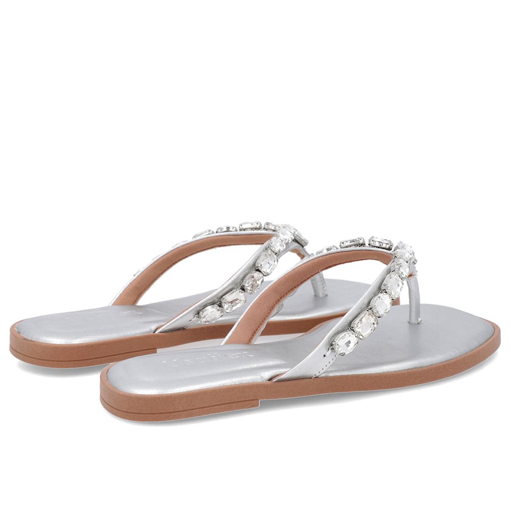Chinelo Salto Rasteiro Couro Prata Enfeite Prata 3