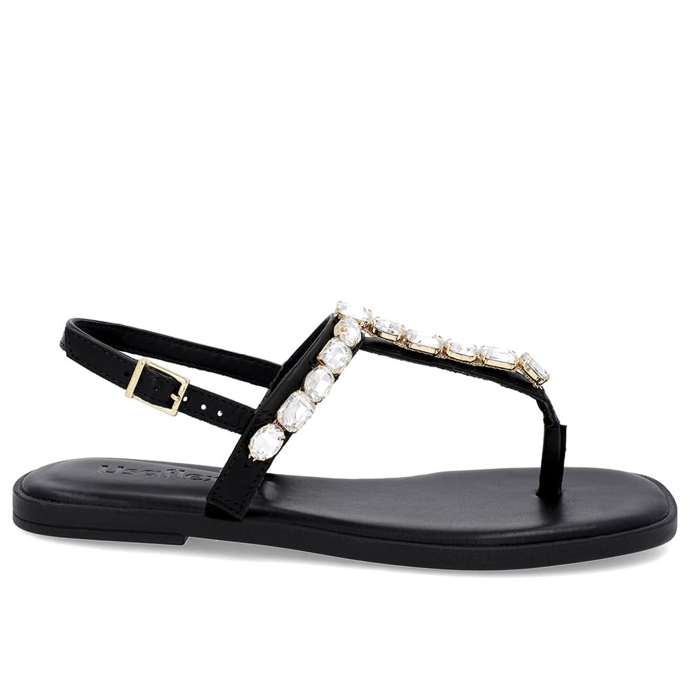 Sandália Salto Baixo Couro Preta Enfeite Preto 1