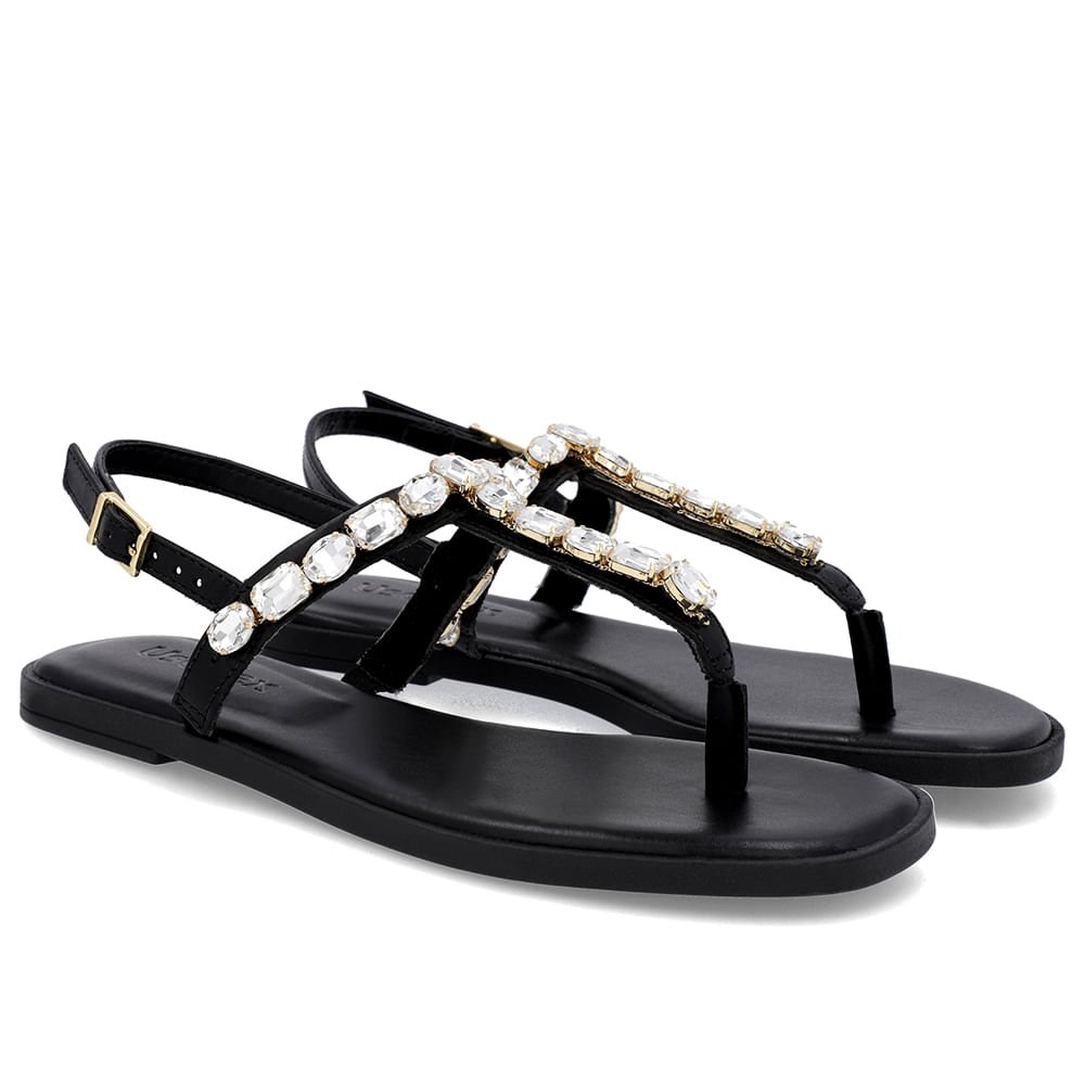 Sandália Salto Baixo Couro Preta Enfeite Preto 2