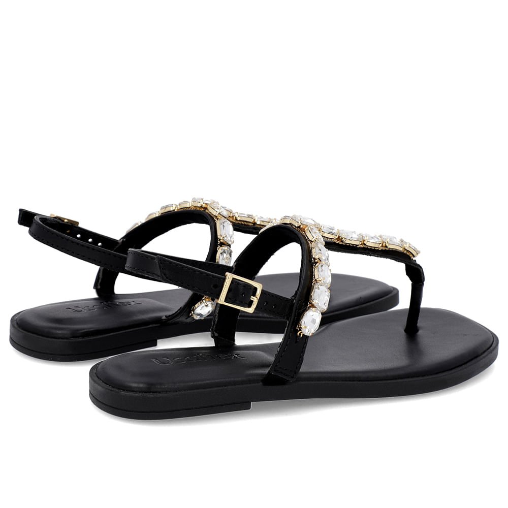 Sandália Salto Baixo Couro Preta Enfeite Preto 3