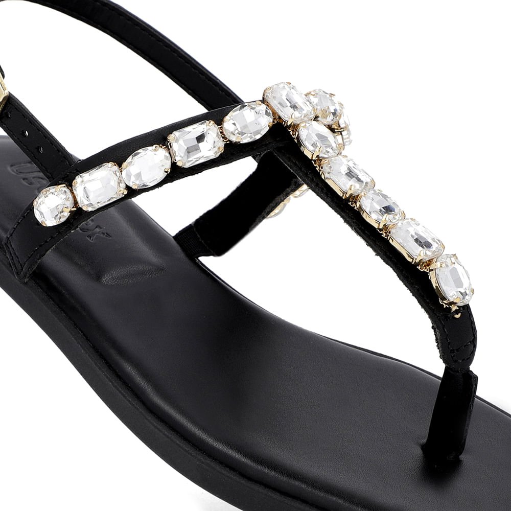 Sandália Salto Baixo Couro Preta Enfeite Preto 4