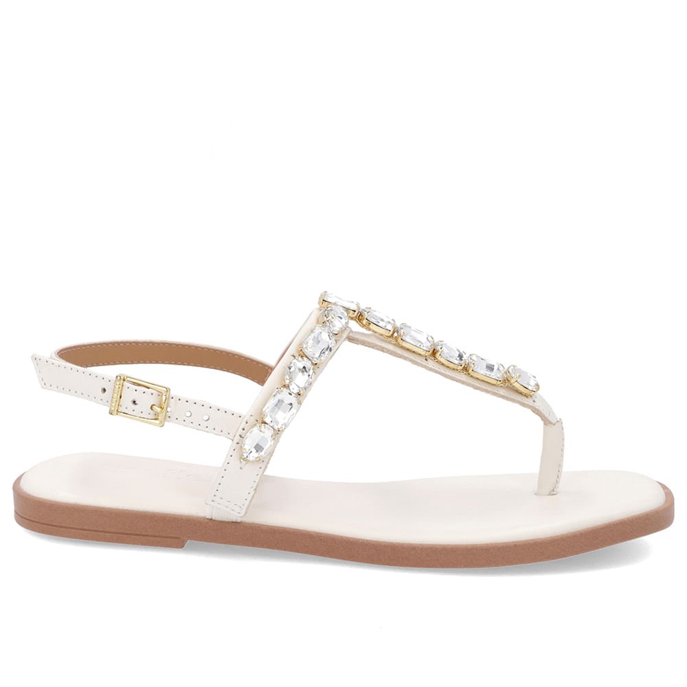 Sandália Salto Baixo Couro Branca Enfeite