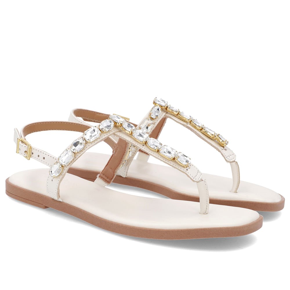 Sandália Salto Baixo Couro Branca Enfeite Branco 2