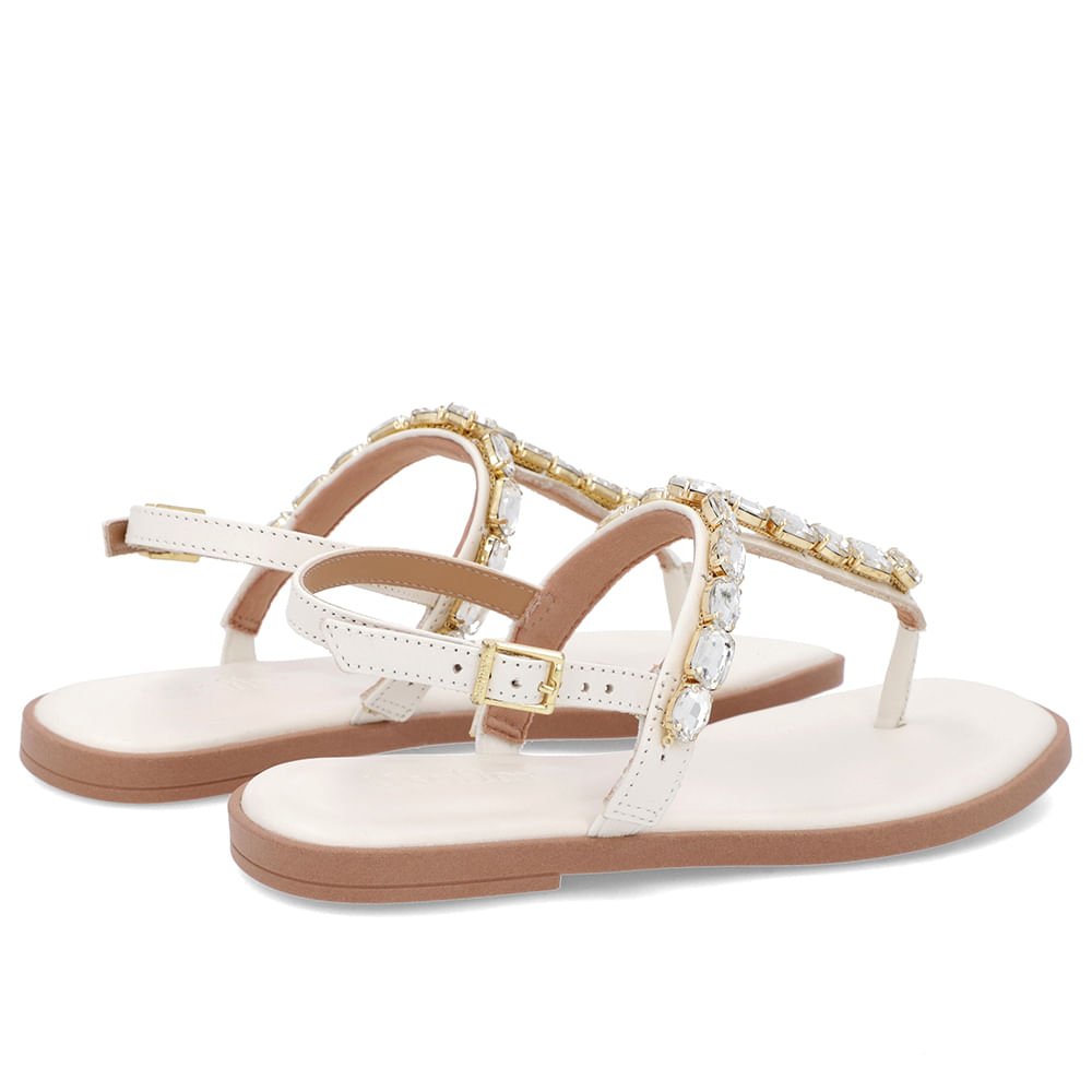 Sandália Salto Baixo Couro Branca Enfeite Branco 3