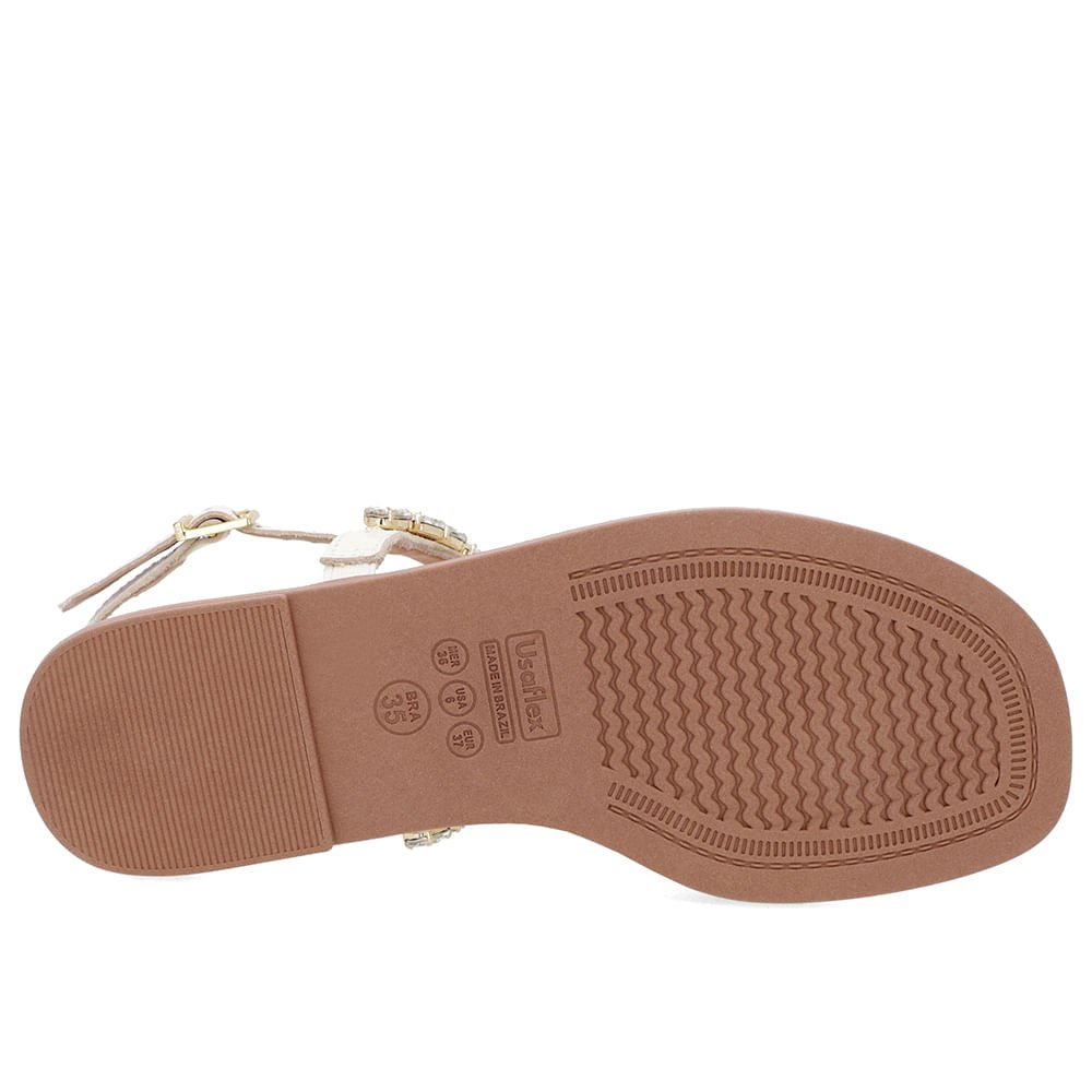 Sandália Salto Baixo Couro Branca Enfeite Branco 5