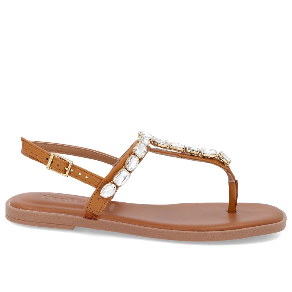 Sandália Salto Baixo Couro Marrom Enfeite